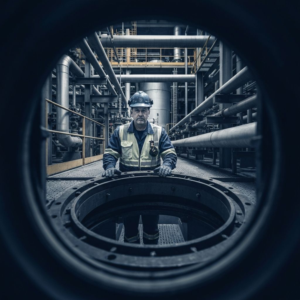Industrial worker at confined space entry point